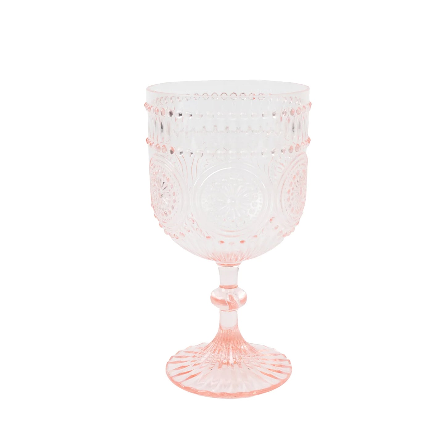 12 Pack Vintage Plastic Wine Goblets – 15oz Reusable Shatterproof Blush Embossed Floral Pattern Drinkware, Decorative Cups