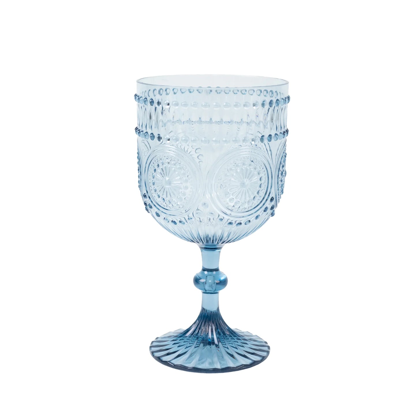 12 Pack Vintage Plastic Wine Goblets – 15oz Reusable Shatterproof Dusty Blue Embossed Floral Pattern Drinkware, Decorative Cups