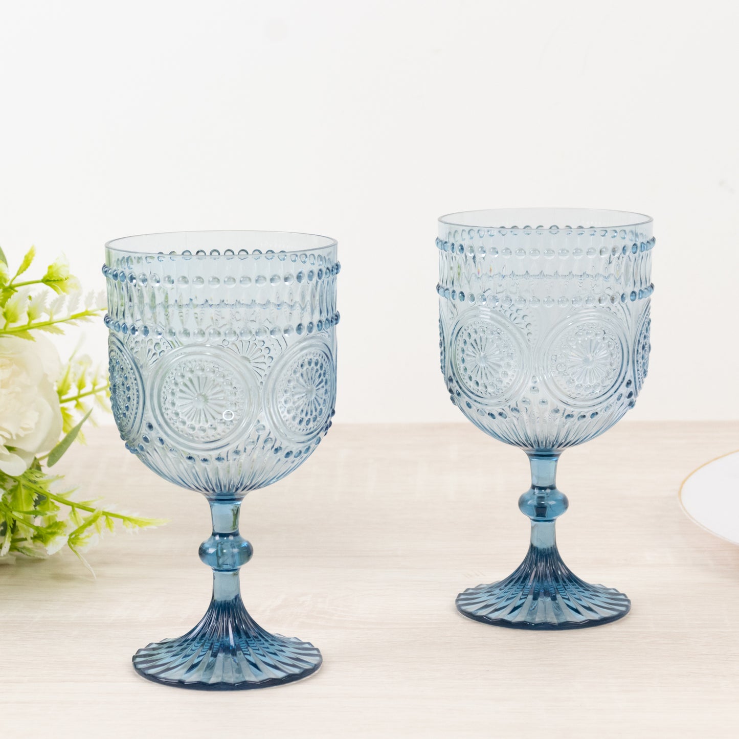 12 Pack Vintage Plastic Wine Goblets – 15oz Reusable Shatterproof Dusty Blue Embossed Floral Pattern Drinkware, Decorative Cups