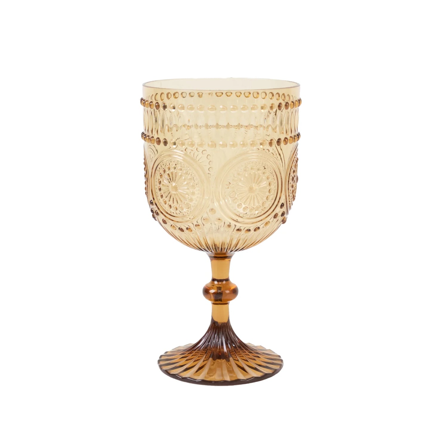 12 Pack Vintage Plastic Wine Goblets – 15oz Reusable Shatterproof Amber Gold Embossed Floral Pattern Drinkware, Decorative Cups