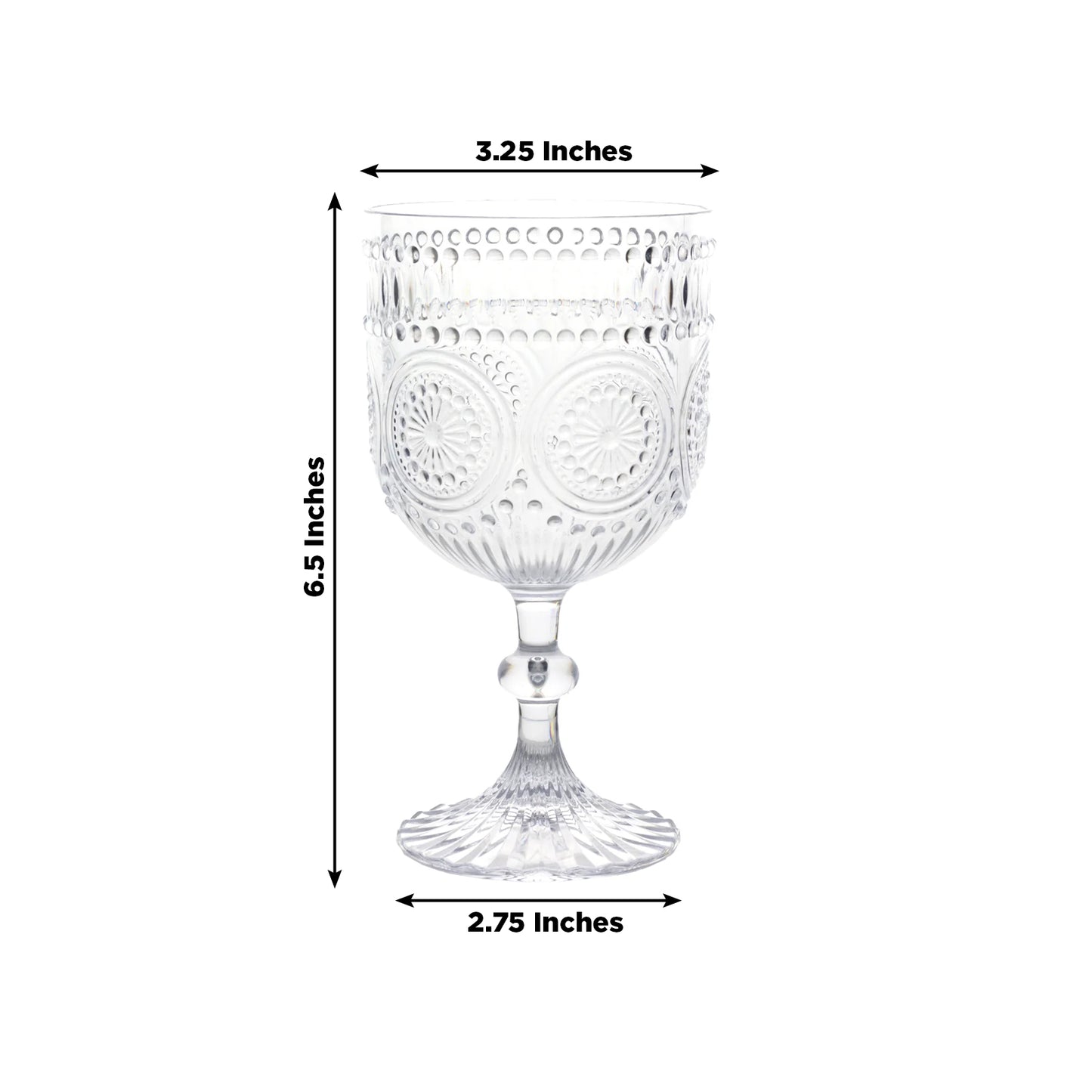 12 Pack Vintage Plastic Wine Goblets – 15oz Reusable Shatterproof Clear Embossed Floral Pattern Drinkware, Decorative Cups