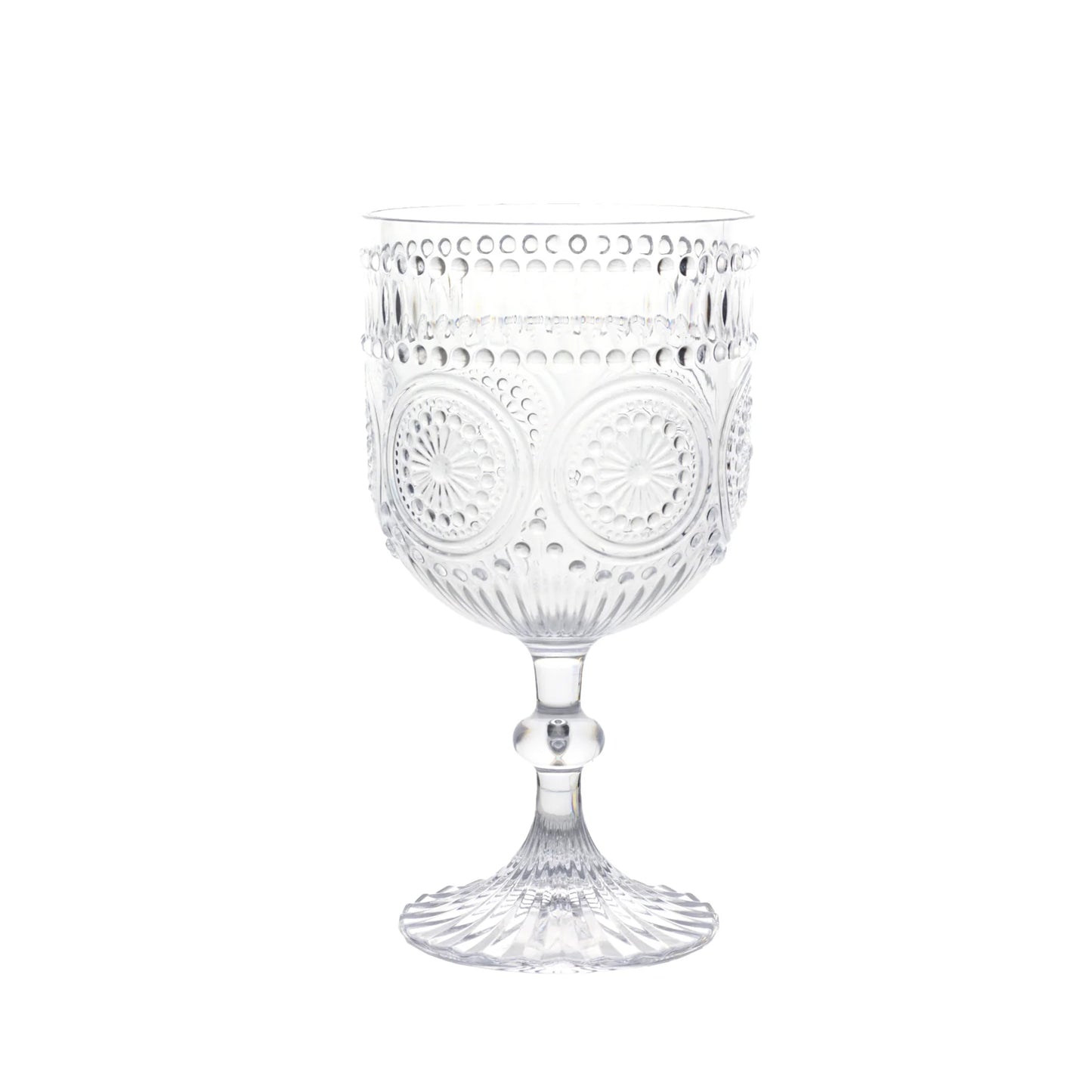 12 Pack Vintage Plastic Wine Goblets – 15oz Reusable Shatterproof Clear Embossed Floral Pattern Drinkware, Decorative Cups
