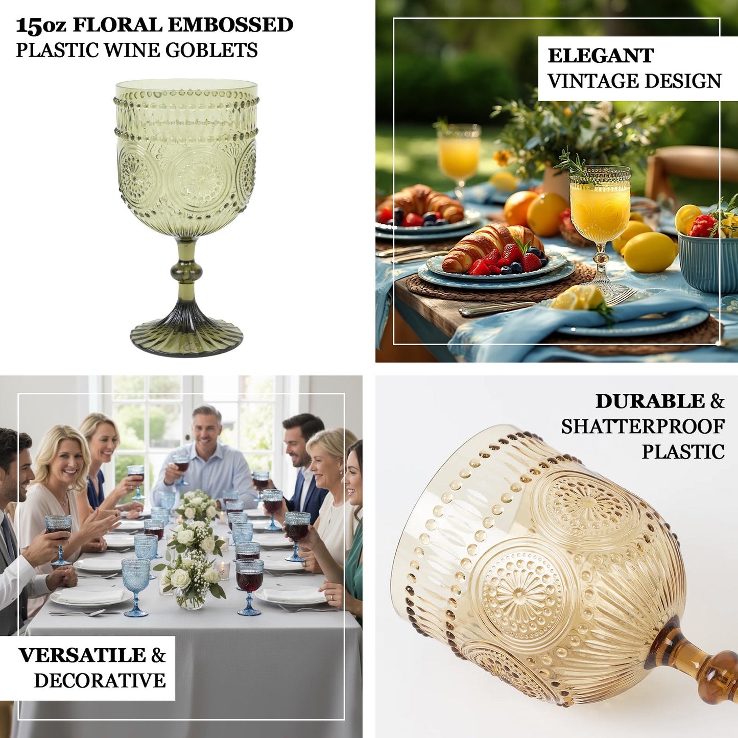 12 Pack Vintage Plastic Wine Goblets – 15oz Reusable Shatterproof Embossed Floral Pattern Drinkware