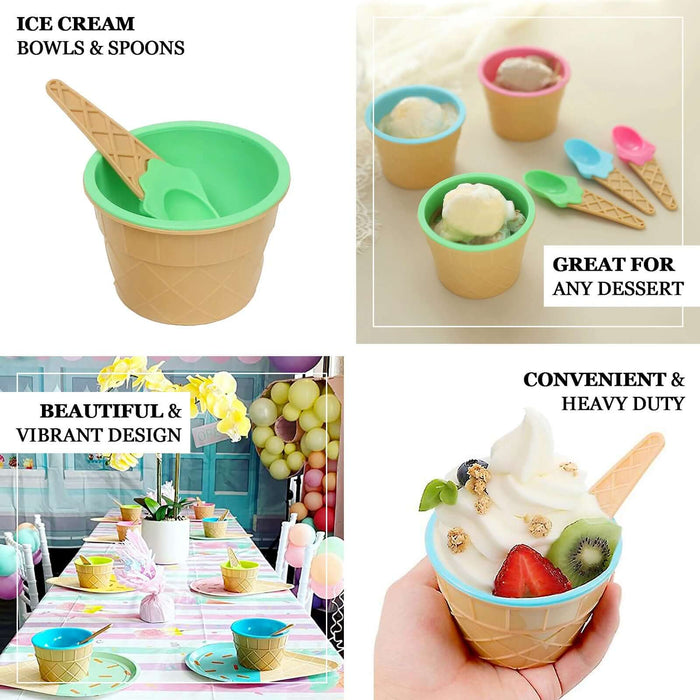Colorful reusable ice cream cone bowls and spoons in blue, green, and pink.