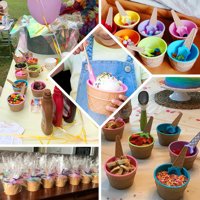 Colorful reusable ice cream cone bowls and spoons in various pastel shades.