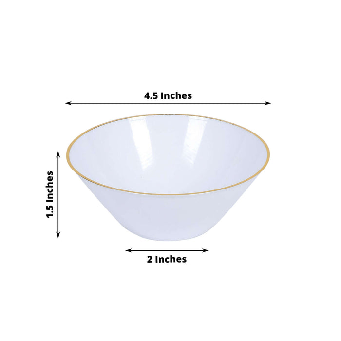 24 Pack Glossy White Premium Plastic Ice Cream Bowls with Gold Rim, 7oz Heavy Duty Disposable Dessert Party Bowls