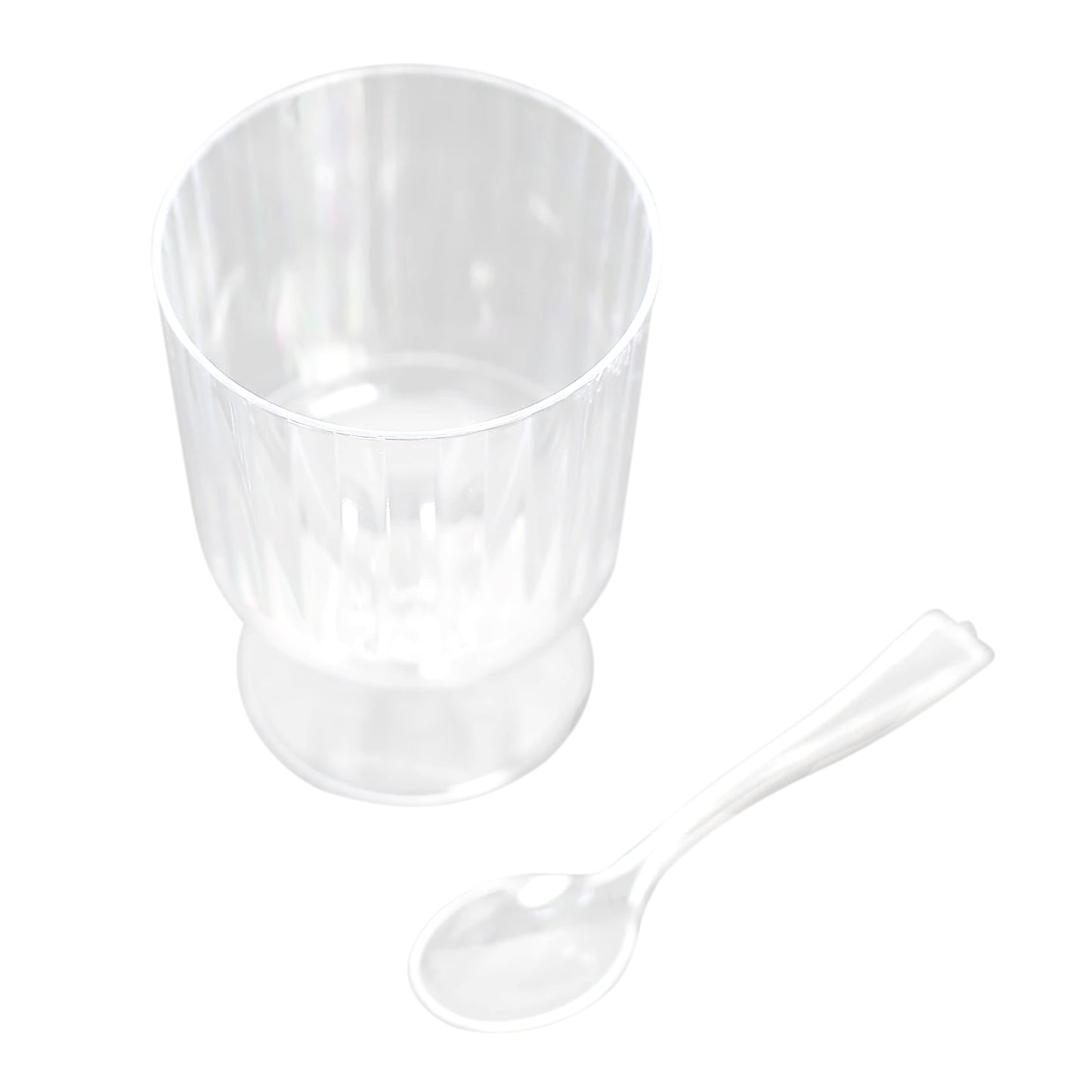 24 Pack | 5oz Clear Mini Ribbed Pedestal Plastic Dessert Cups With Spoons, Disposable Snack Cup Spoon Sets