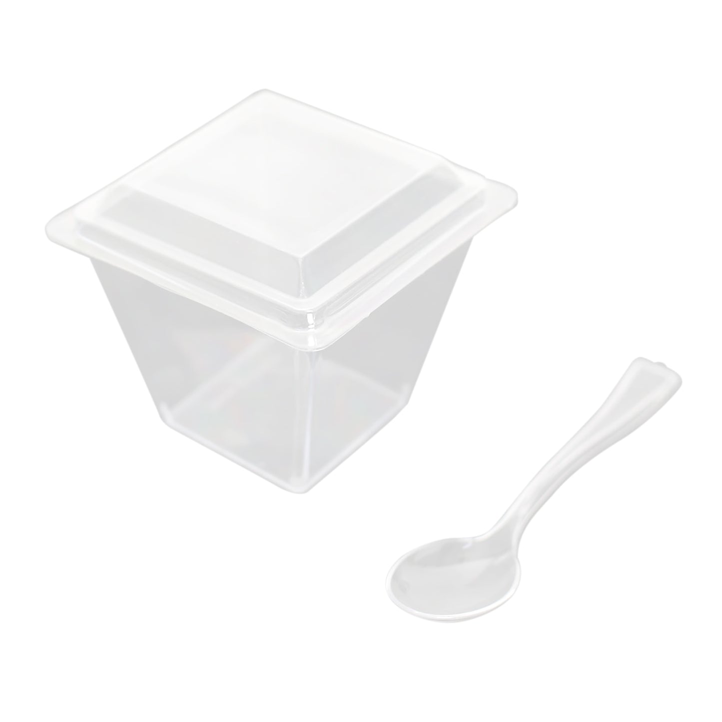 24 Pack | 4oz Clear Plastic Square Dessert Tumbler Cup, Lid and Spoon Set, Disposable Snack Serving Cups