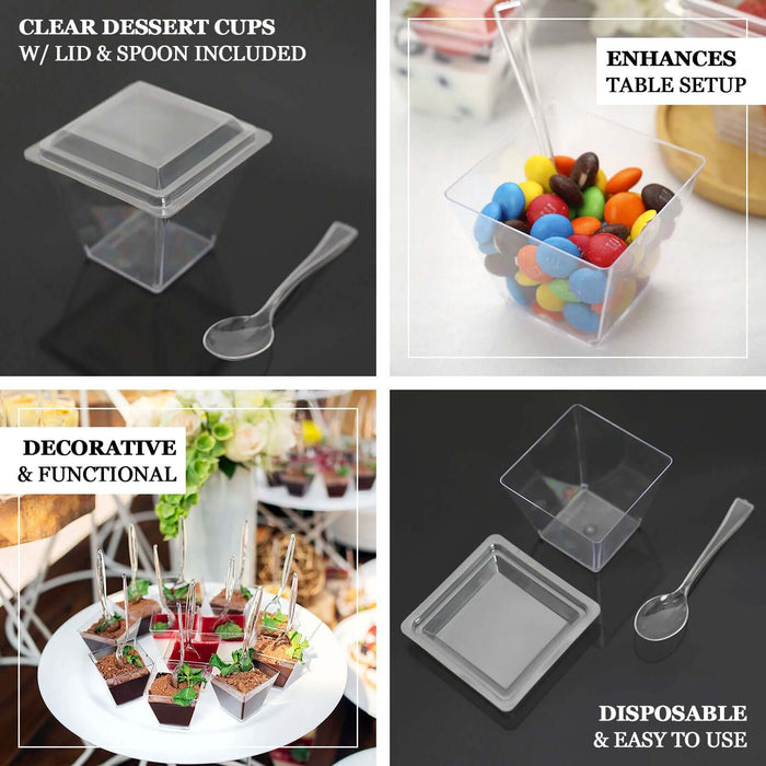 24 Pack | 4oz Clear Plastic Square Dessert Tumbler Cup, Lid and Spoon Set, Disposable Snack Serving Cups