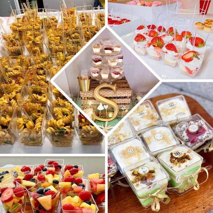 24 Pack | 4oz Clear Plastic Square Dessert Tumbler Cup, Lid and Spoon Set, Disposable Snack Serving Cups