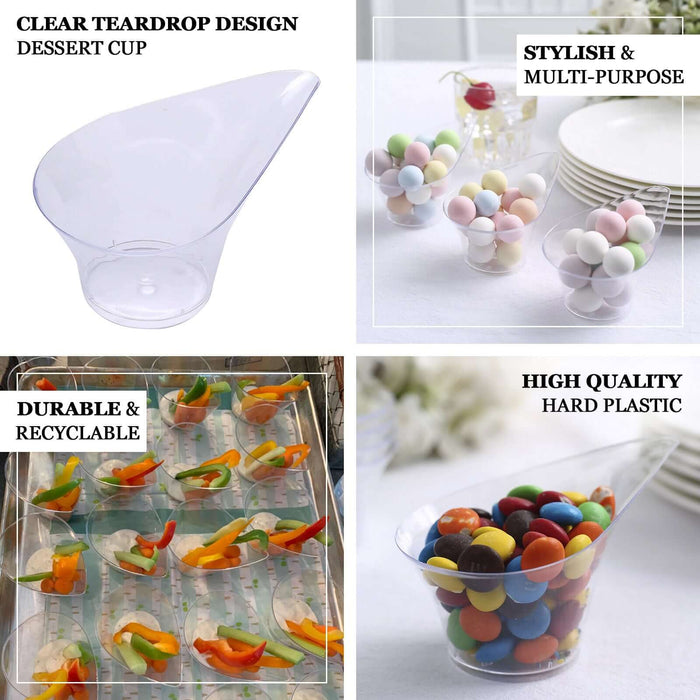 Clear mini disposable teardrop dessert cups for snacks and appetizers.