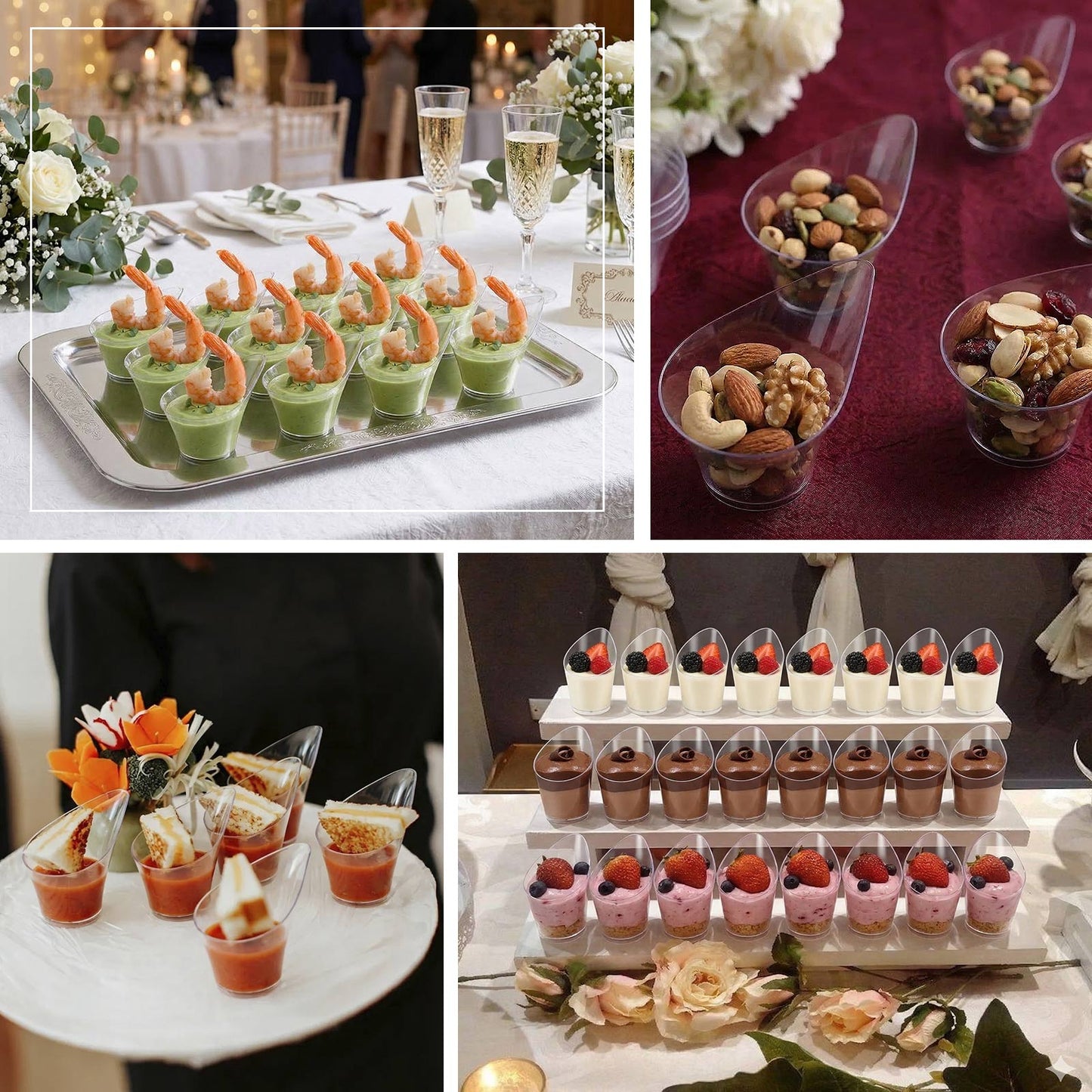Clear mini disposable teardrop dessert cups with colorful snacks.