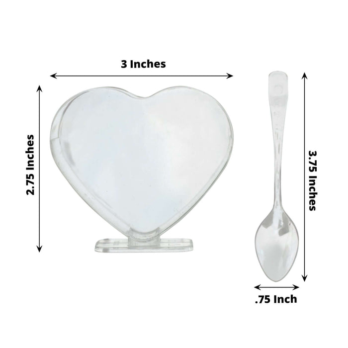 24 Pack | 2oz Mini Clear Disposable Heart-Shaped Pudding Snack Cups with Spoons, Plastic Reusable Dessert Parfait Bowl Sets