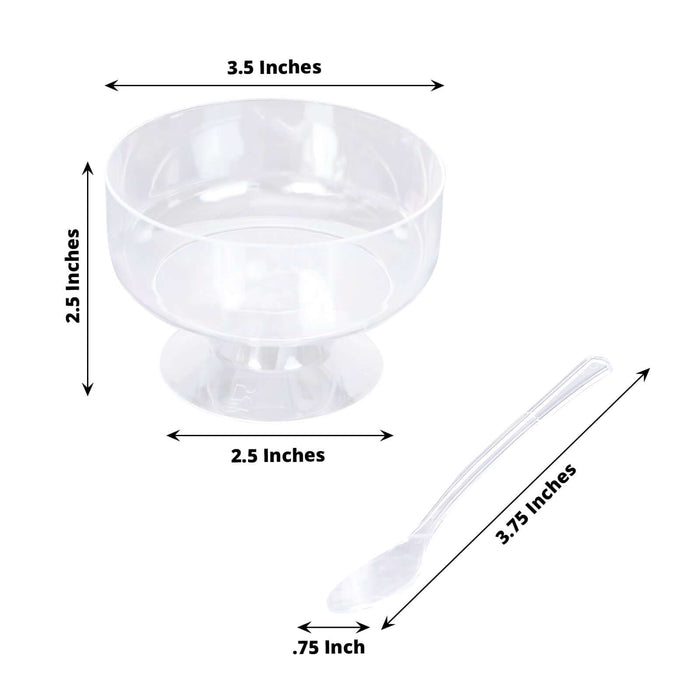 24 Pack | 6oz Crystal Clear Footed Disposable Dessert Cups With Spoons, Plastic Appetizer Parfait Cup With Tasting Spoon Set