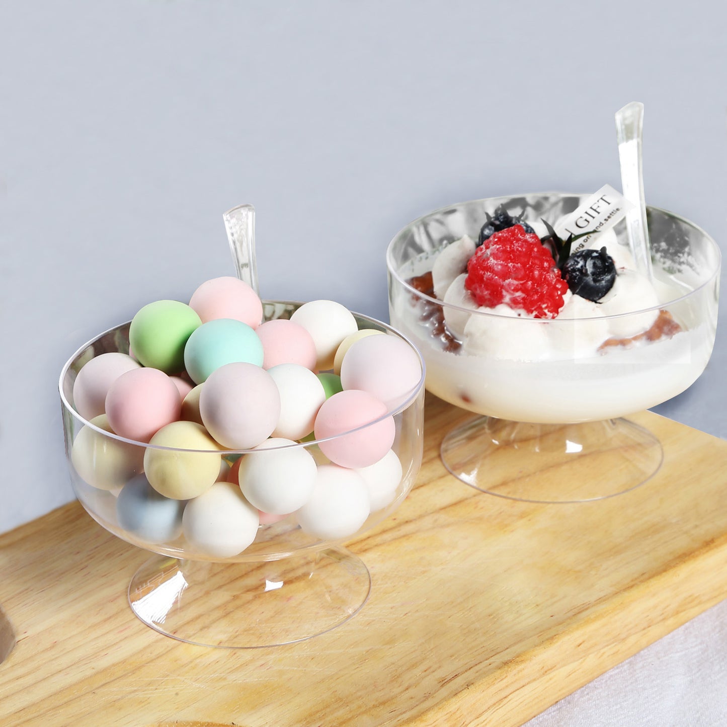 24 Pack | 6oz Crystal Clear Footed Disposable Dessert Cups With Spoons, Plastic Appetizer Parfait Cup With Tasting Spoon Set