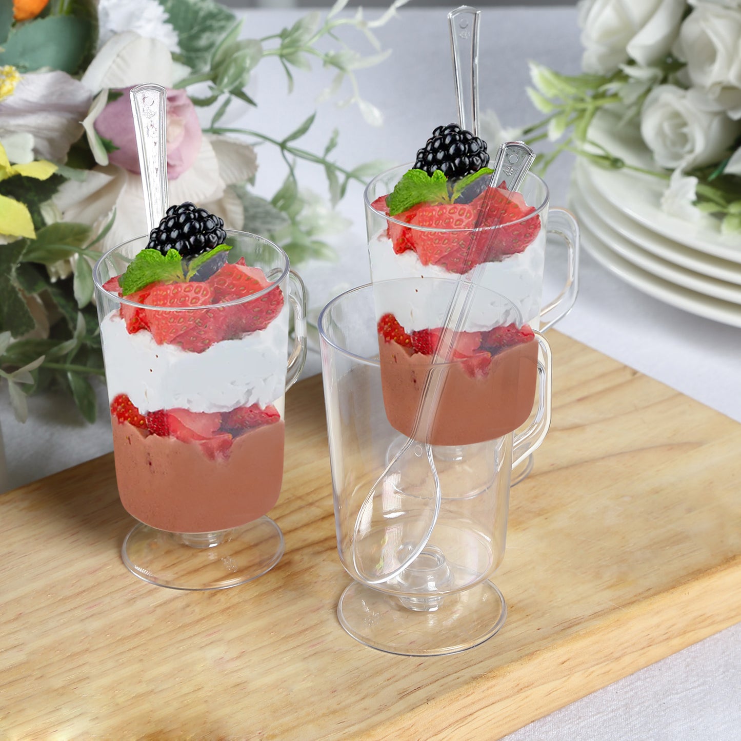 24 Pack | 2oz Clear Disposable Mini Dessert Coffee Cups with Spoons, Plastic Tea Espresso Parfait Cups with Tasting Spoon Set