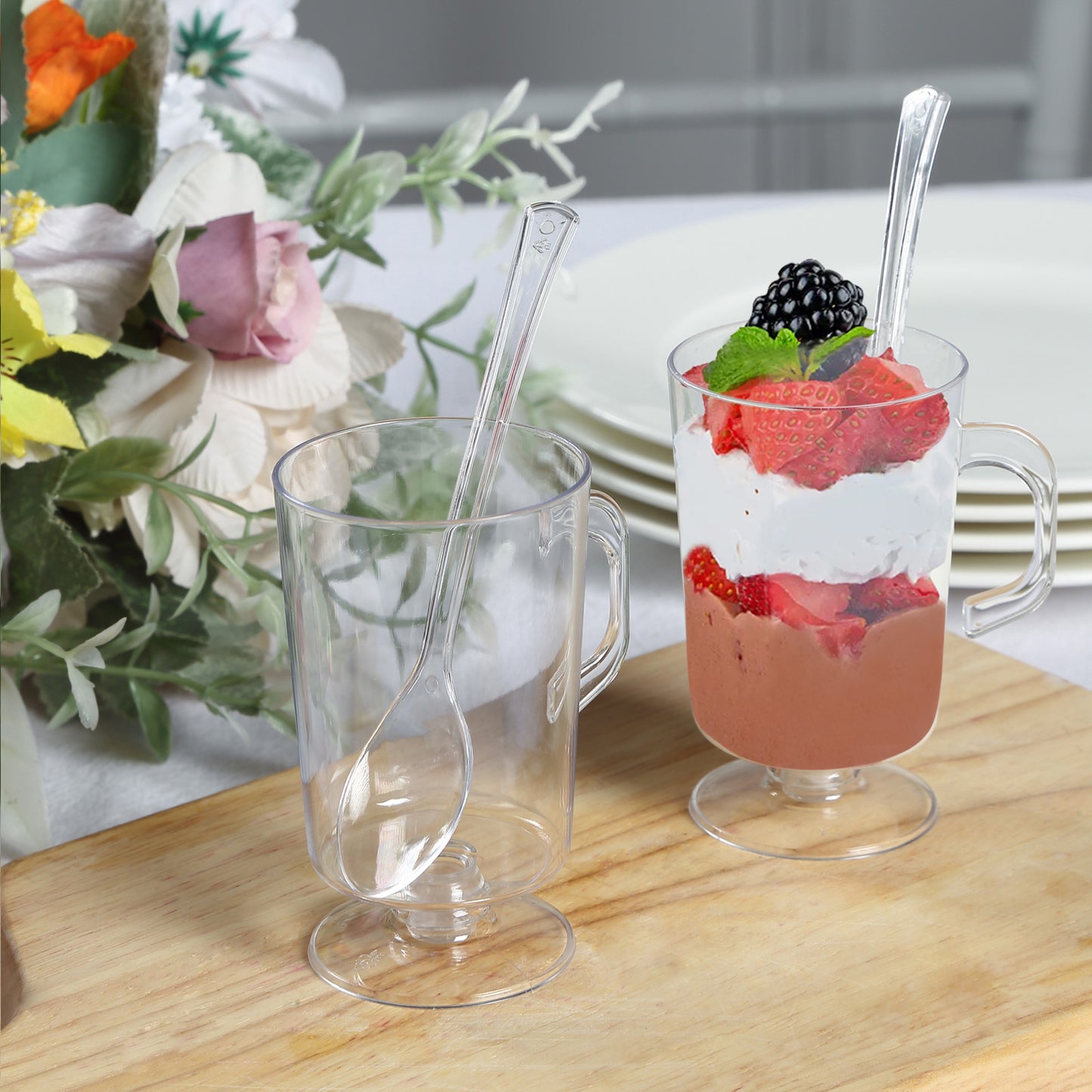 24 Pack | 2oz Clear Disposable Mini Dessert Coffee Cups with Spoons, Plastic Tea Espresso Parfait Cups with Tasting Spoon Set