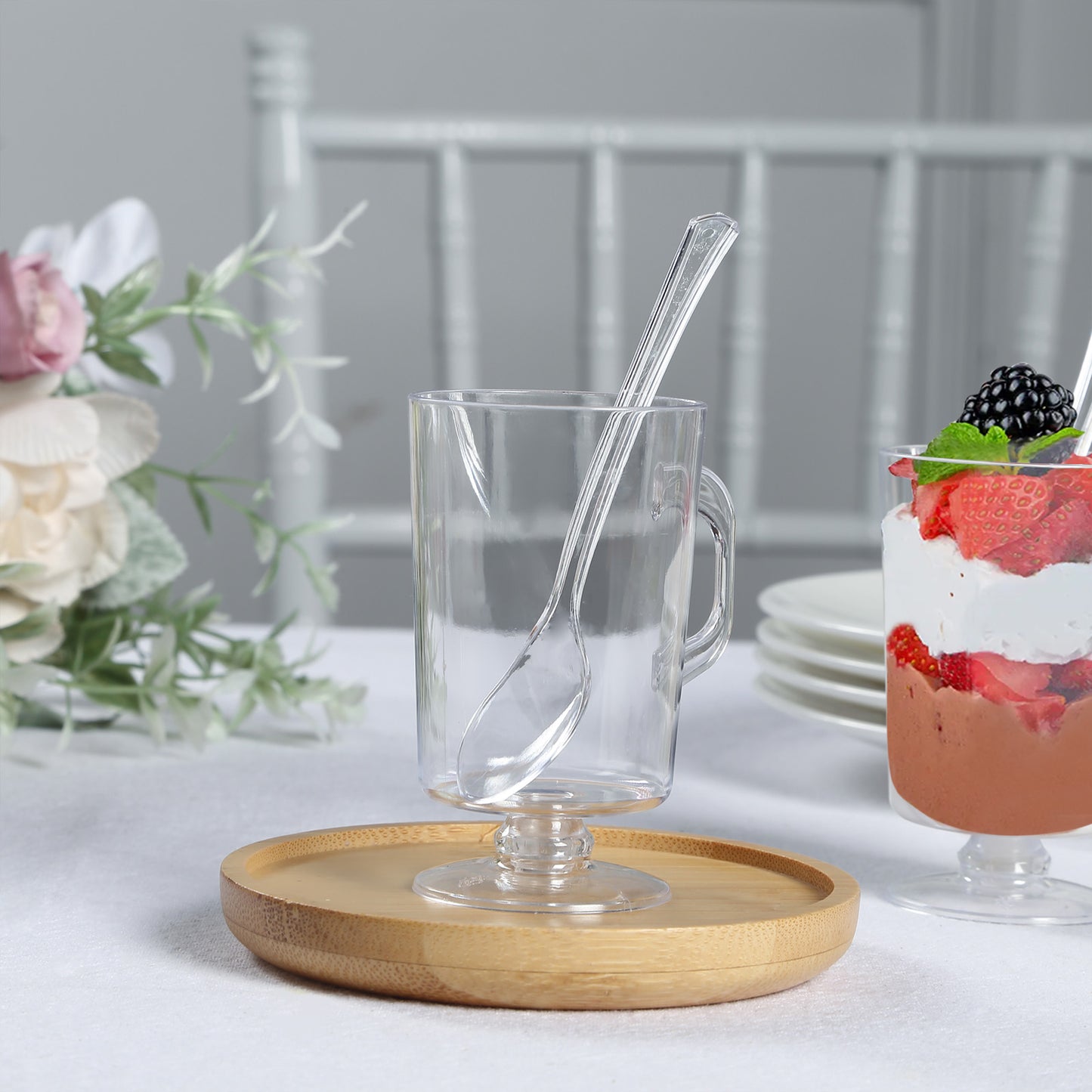 24 Pack | 2oz Clear Disposable Mini Dessert Coffee Cups with Spoons, Plastic Tea Espresso Parfait Cups with Tasting Spoon Set