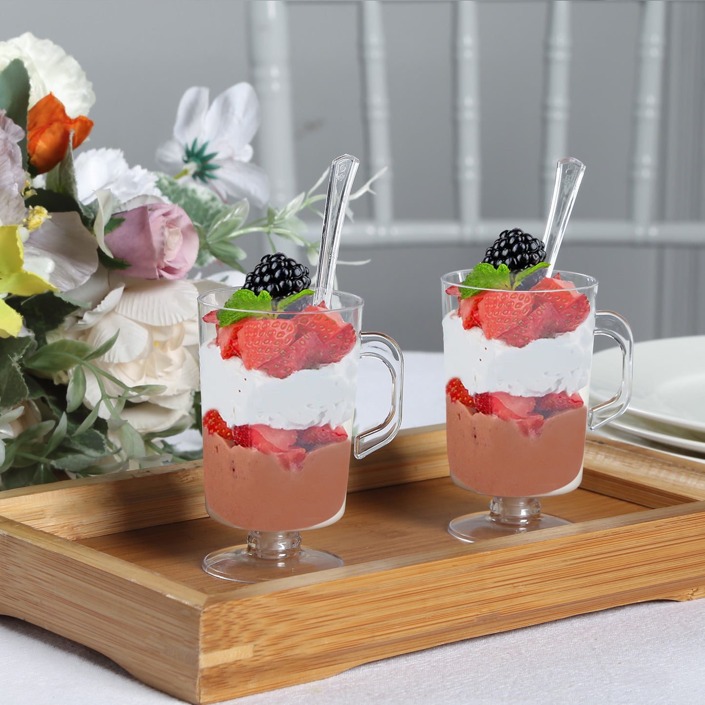 24 Pack | 2oz Clear Disposable Mini Dessert Coffee Cups with Spoons, Plastic Tea Espresso Parfait Cups with Tasting Spoon Set