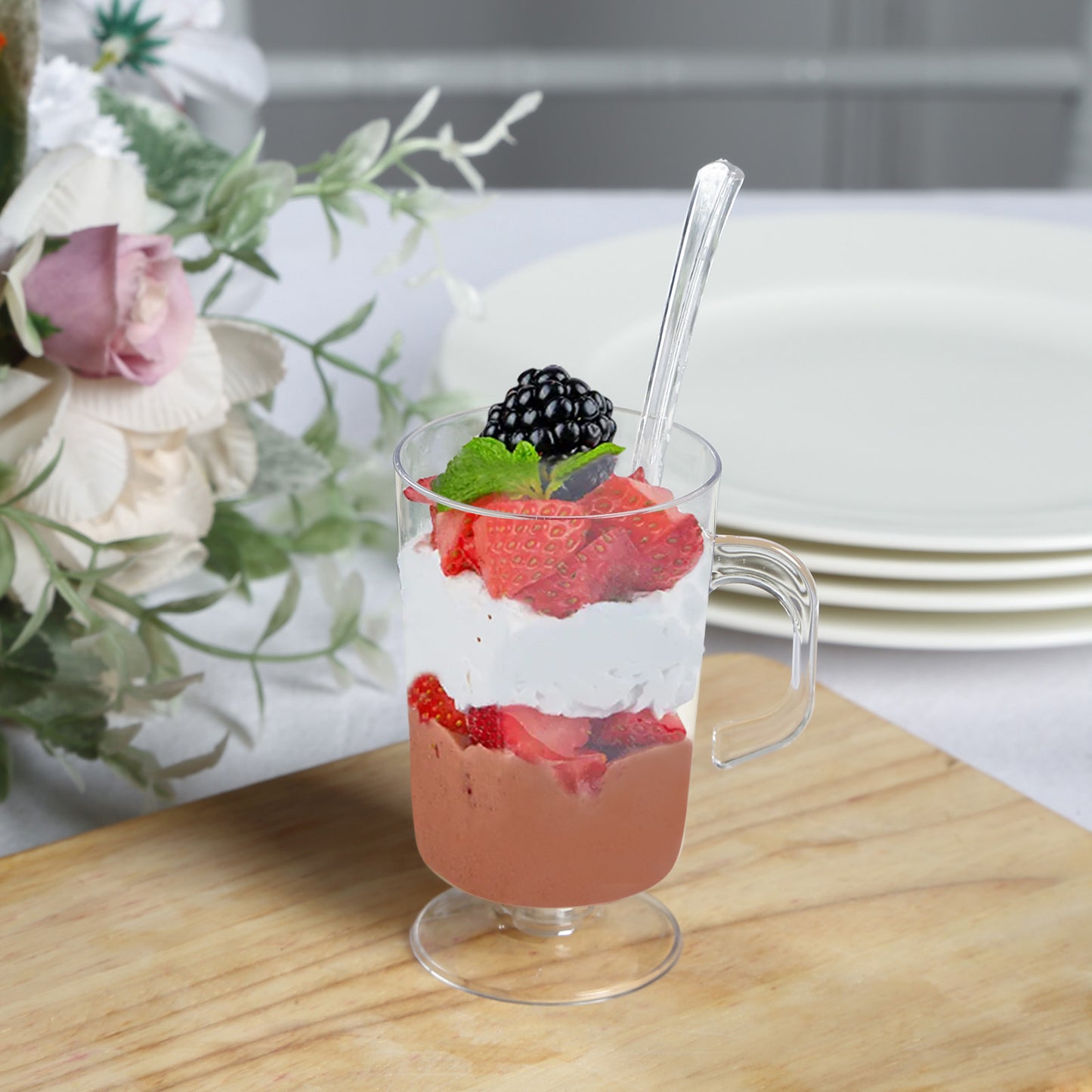 24 Pack | 2oz Clear Disposable Mini Dessert Coffee Cups with Spoons, Plastic Tea Espresso Parfait Cups with Tasting Spoon Set