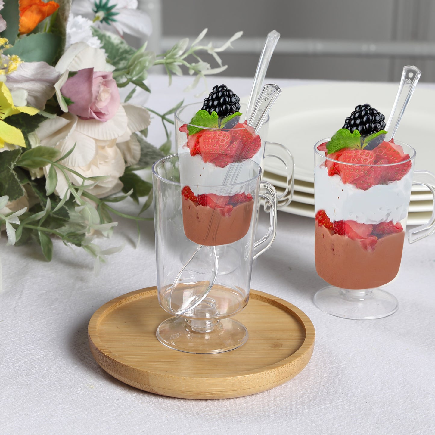 24 Pack | 2oz Clear Disposable Mini Dessert Coffee Cups with Spoons, Plastic Tea Espresso Parfait Cups with Tasting Spoon Set