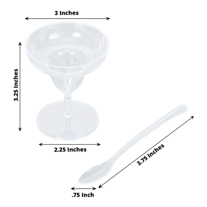 24 Pack | 2oz Crystal Clear Mini Disposable Margarita Glasses With Spoons, Plastic Dessert Appetizer Cup and Spoon Set