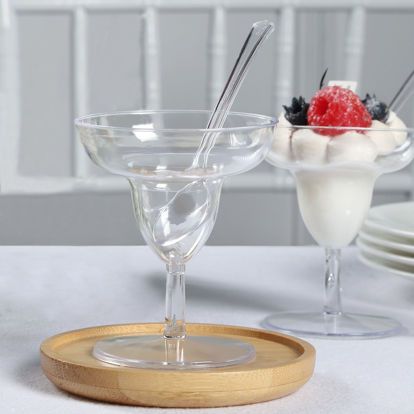 24 Pack | 2oz Crystal Clear Mini Disposable Margarita Glasses With Spoons, Plastic Dessert Appetizer Cup and Spoon Set