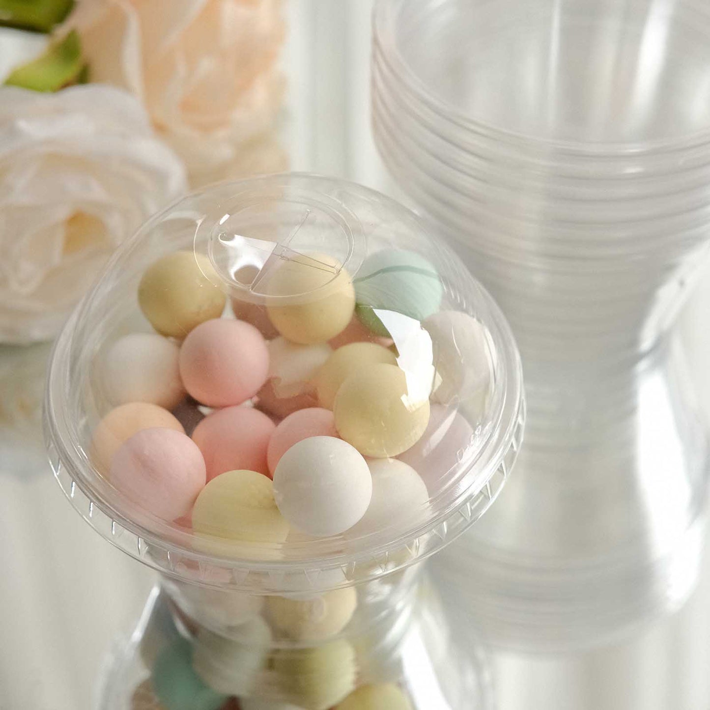 50 Pack Clear Dome Lid Disposable Ice Cream Fruit Cups, 7oz Plastic Pudding Dessert Parfait Cups