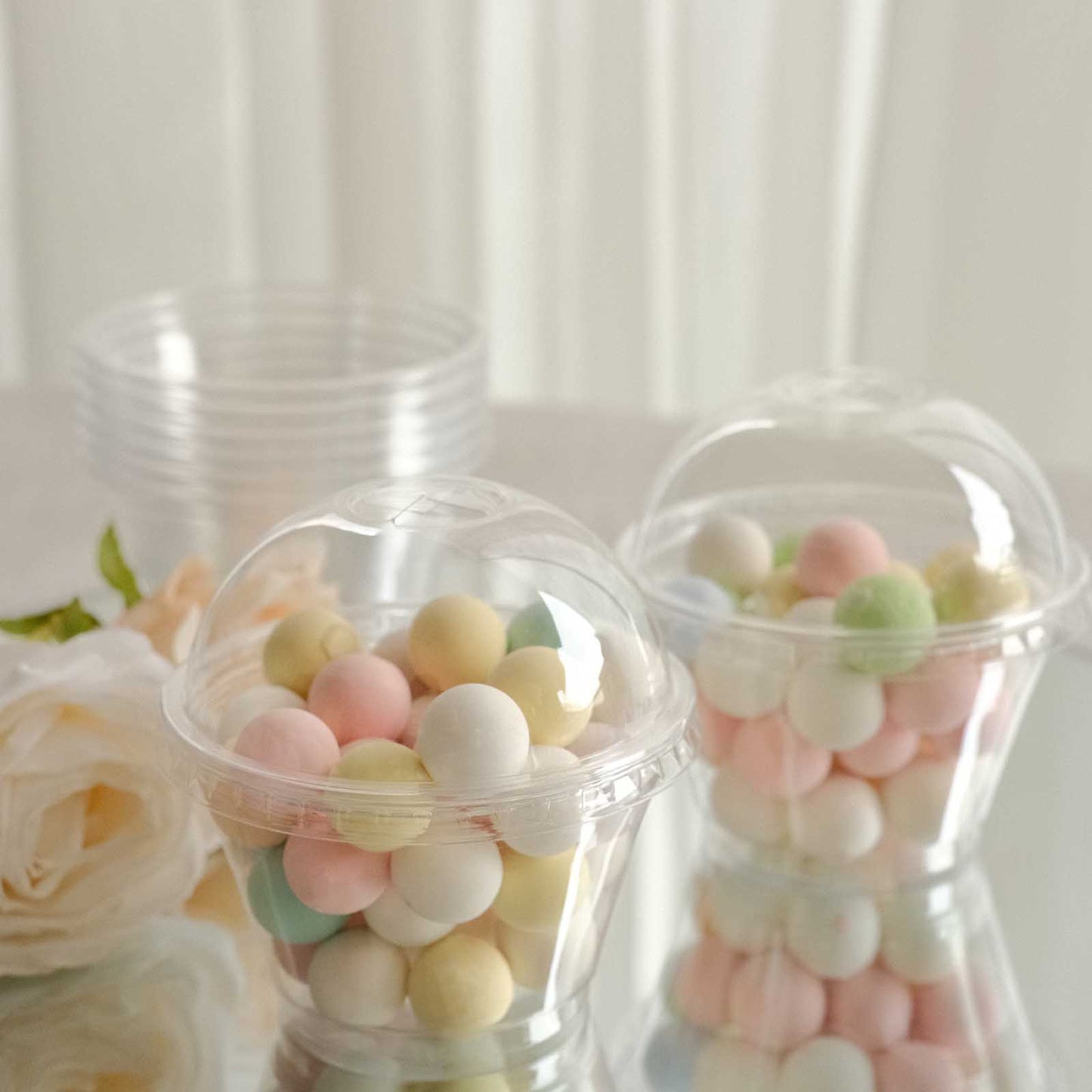 50 Pack Clear Dome Lid Disposable Ice Cream Fruit Cups, 7oz Plastic Pudding Dessert Parfait Cups