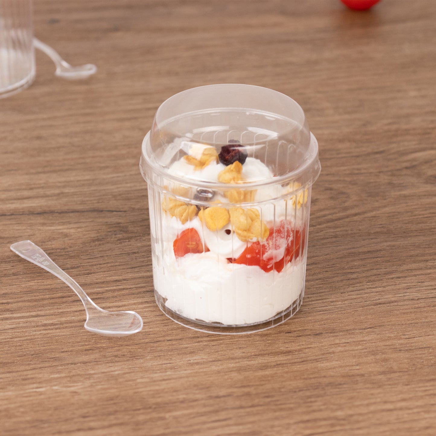 24 Pack Clear Ribbed Plastic Parfait Ice Cream Cups with Lids and Spoons, 5oz Mini Disposable Fruit Dessert Cups - 3"