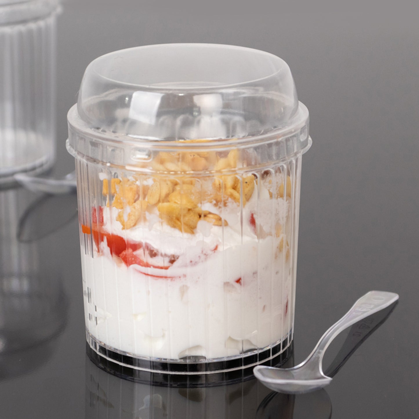 24 Pack Clear Ribbed Plastic Parfait Ice Cream Cups with Lids and Spoons, 5oz Mini Disposable Fruit Dessert Cups - 3"