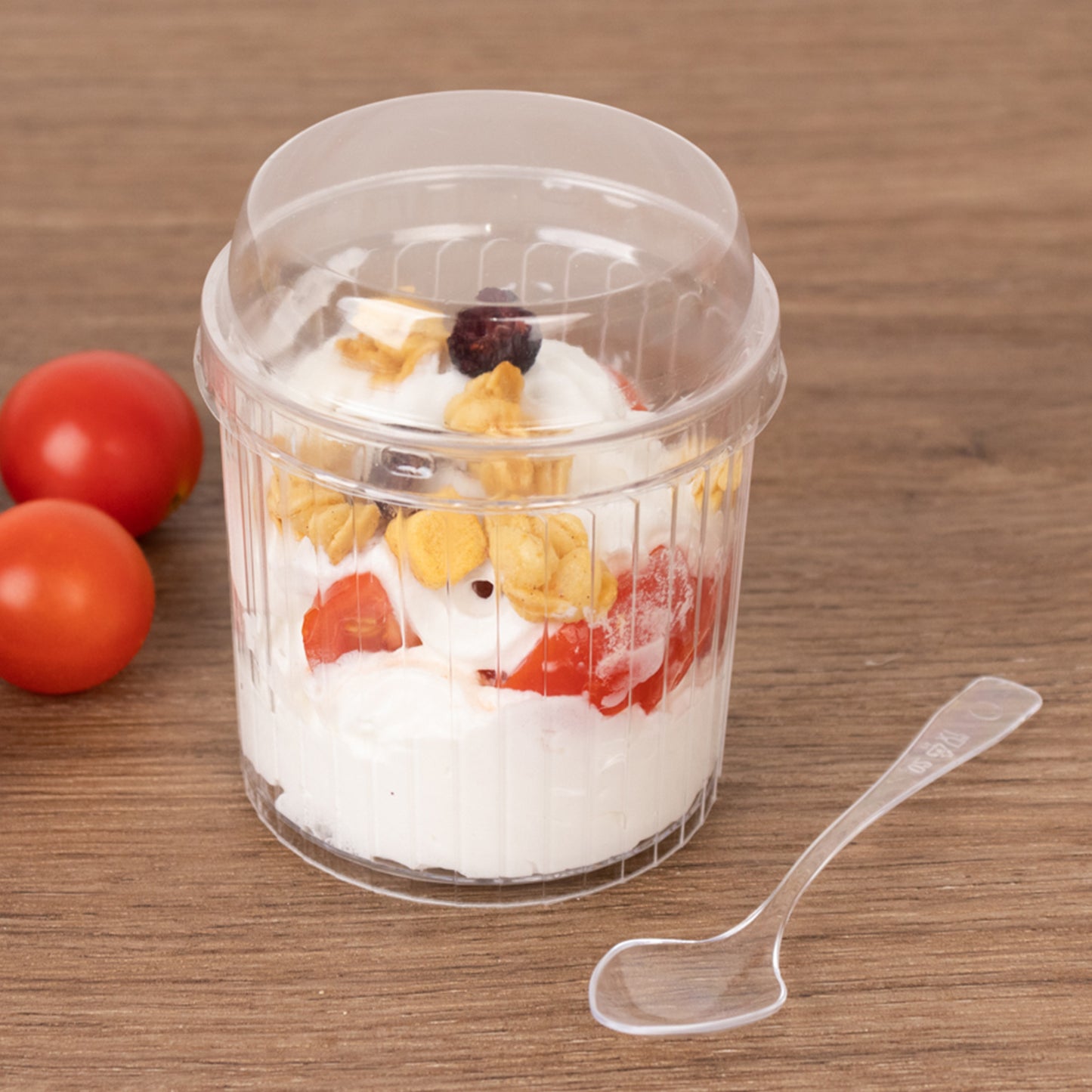 24 Pack Clear Ribbed Plastic Parfait Ice Cream Cups with Lids and Spoons, 5oz Mini Disposable Fruit Dessert Cups - 3"