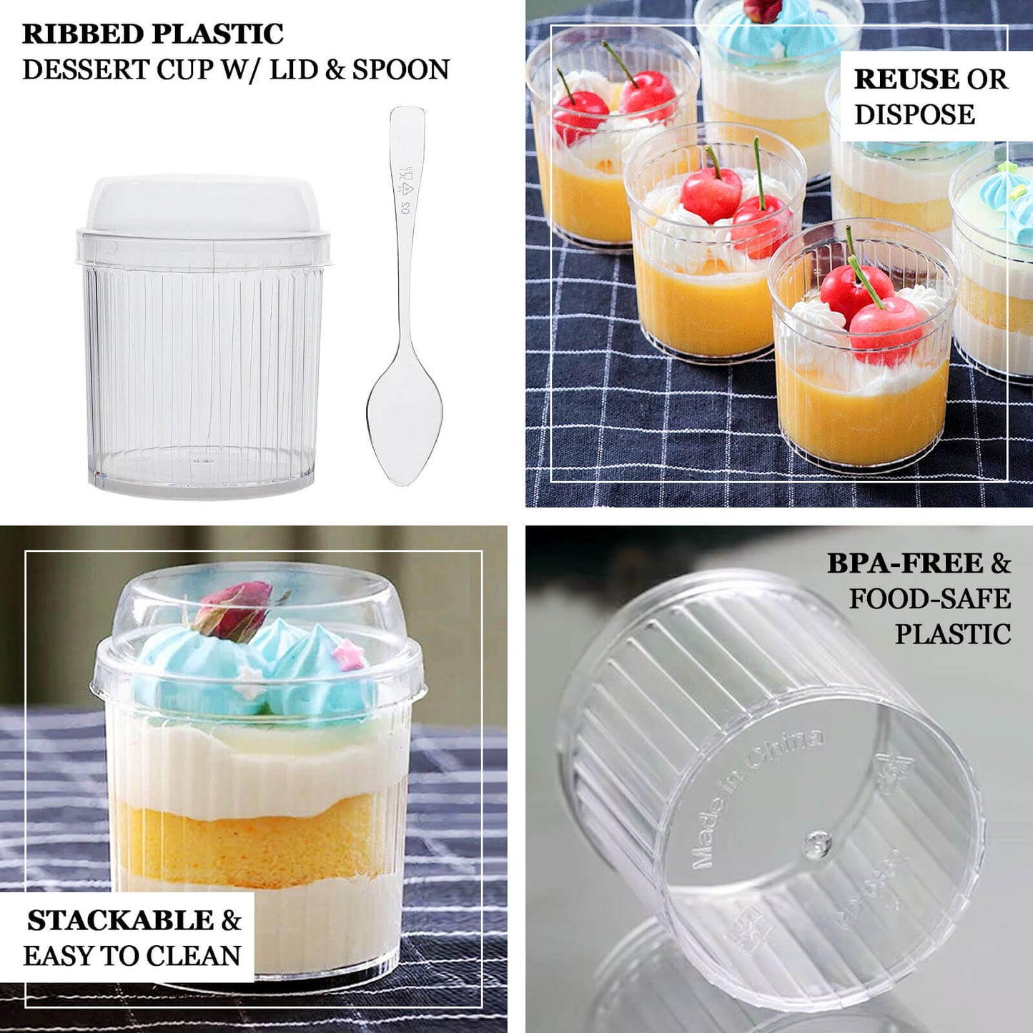 24 Pack Clear Ribbed Plastic Parfait Ice Cream Cups with Lids and Spoons, 5oz Mini Disposable Fruit Dessert Cups - 3"