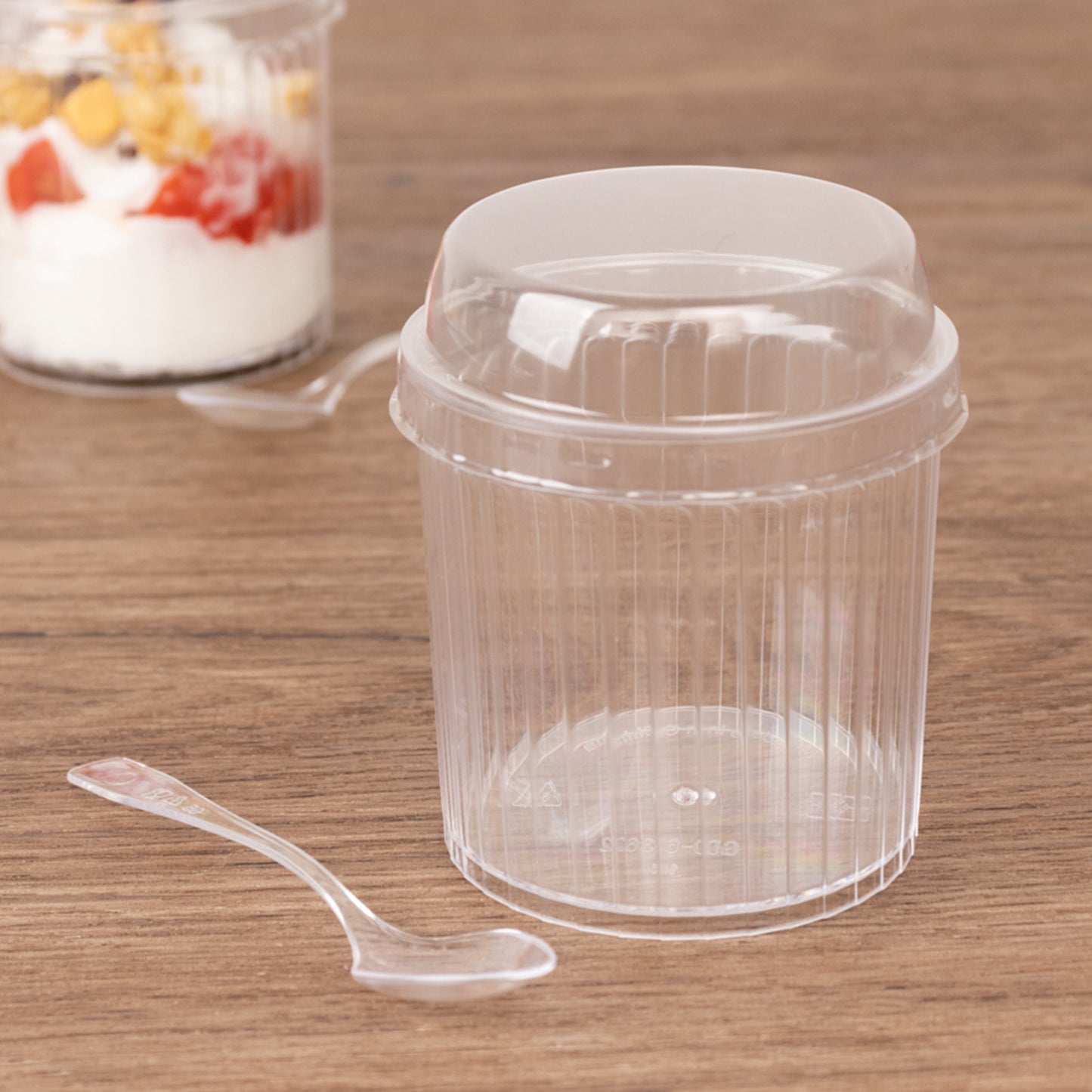 24 Pack Clear Ribbed Plastic Parfait Ice Cream Cups with Lids and Spoons, 5oz Mini Disposable Fruit Dessert Cups - 3"