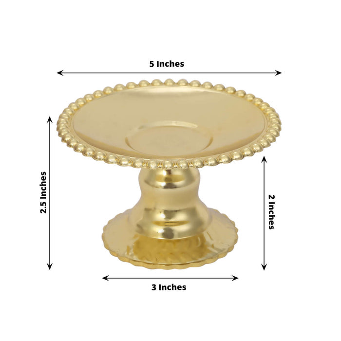 12 Pack | 5" Gold Mirror Finish Mini Plastic Pedestal Cake Stands With Beaded Rim, Disposable Round Cupcake Dessert Display Serving Plates