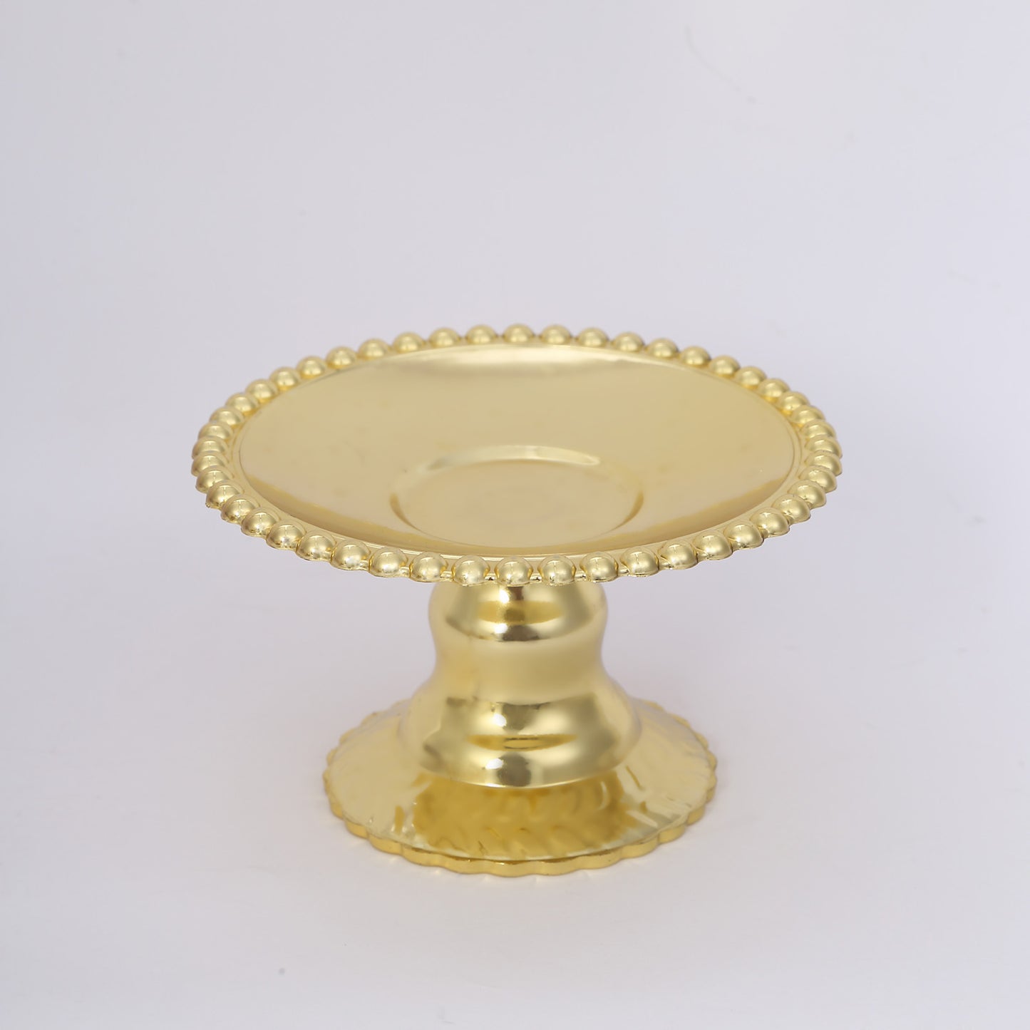12 Pack | 5" Gold Mirror Finish Mini Plastic Pedestal Cake Stands With Beaded Rim, Disposable Round Cupcake Dessert Display Serving Plates