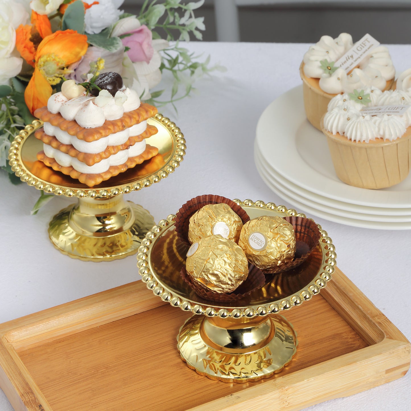 12 Pack | 5" Gold Mirror Finish Mini Plastic Pedestal Cake Stands With Beaded Rim, Disposable Round Cupcake Dessert Display Serving Plates
