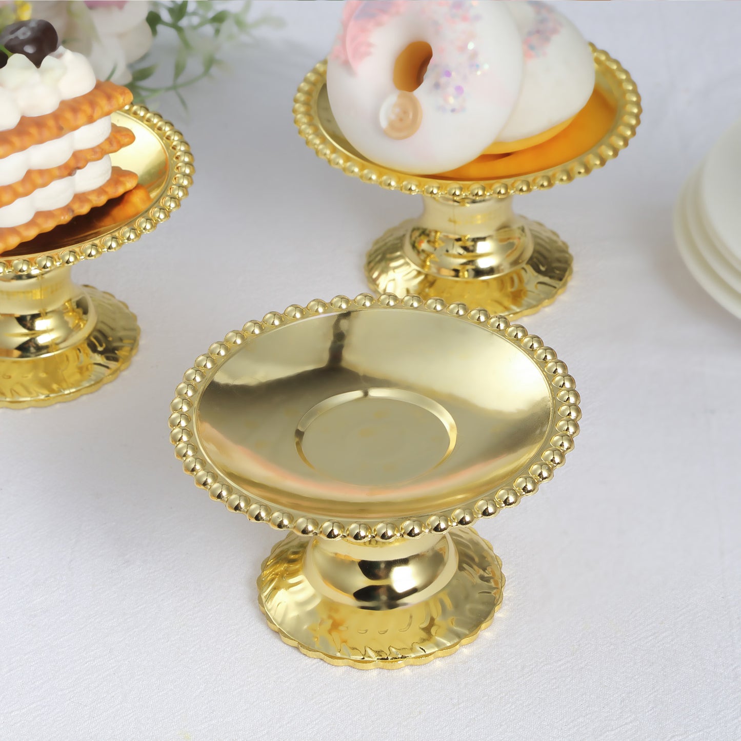 12 Pack | 5" Gold Mirror Finish Mini Plastic Pedestal Cake Stands With Beaded Rim, Disposable Round Cupcake Dessert Display Serving Plates