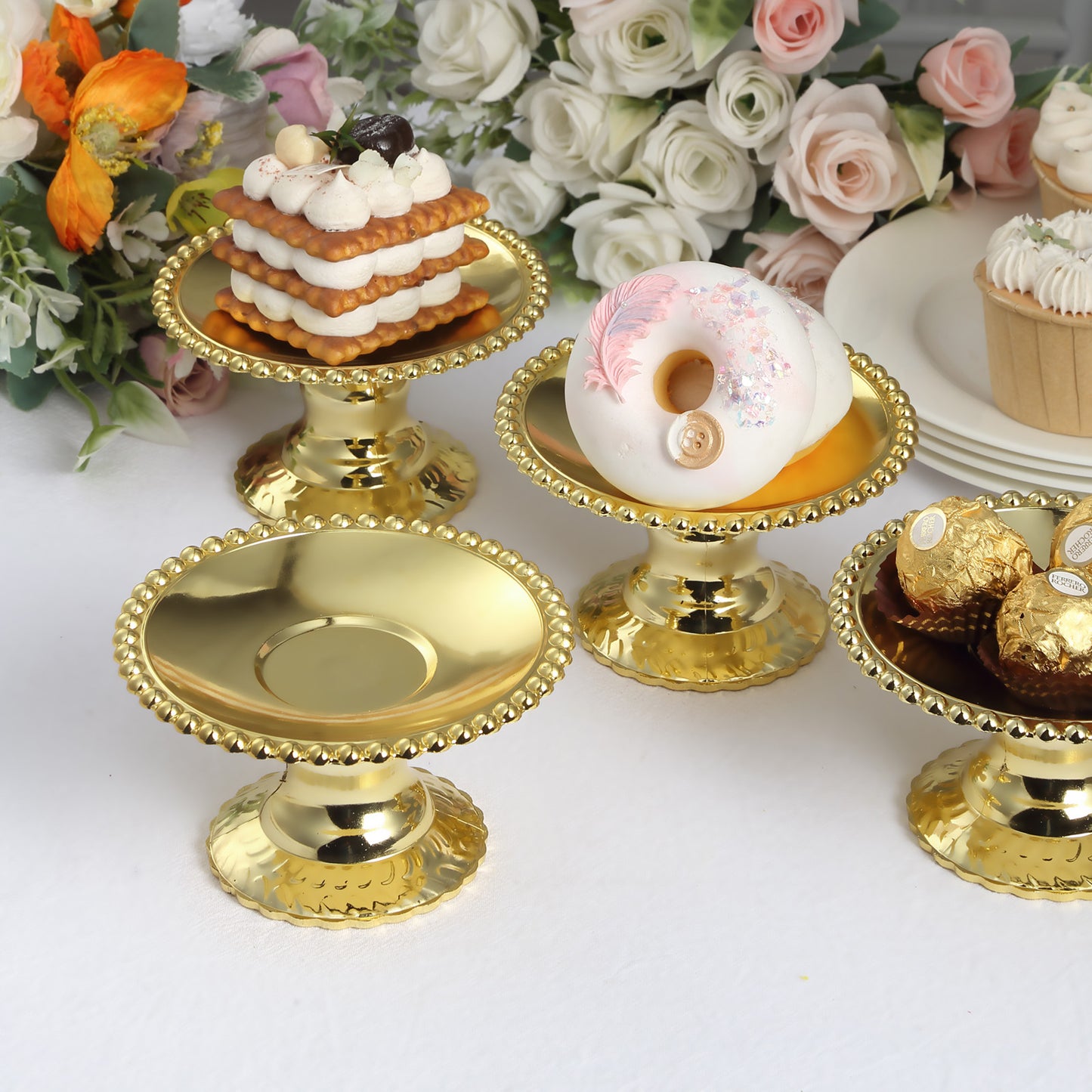 12 Pack | 5" Gold Mirror Finish Mini Plastic Pedestal Cake Stands With Beaded Rim, Disposable Round Cupcake Dessert Display Serving Plates