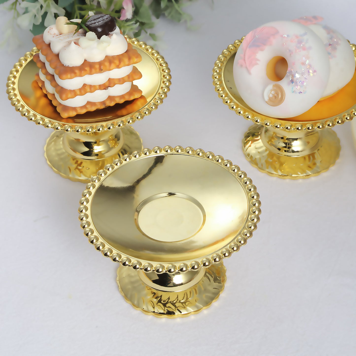 12 Pack | 5" Gold Mirror Finish Mini Plastic Pedestal Cake Stands With Beaded Rim, Disposable Round Cupcake Dessert Display Serving Plates