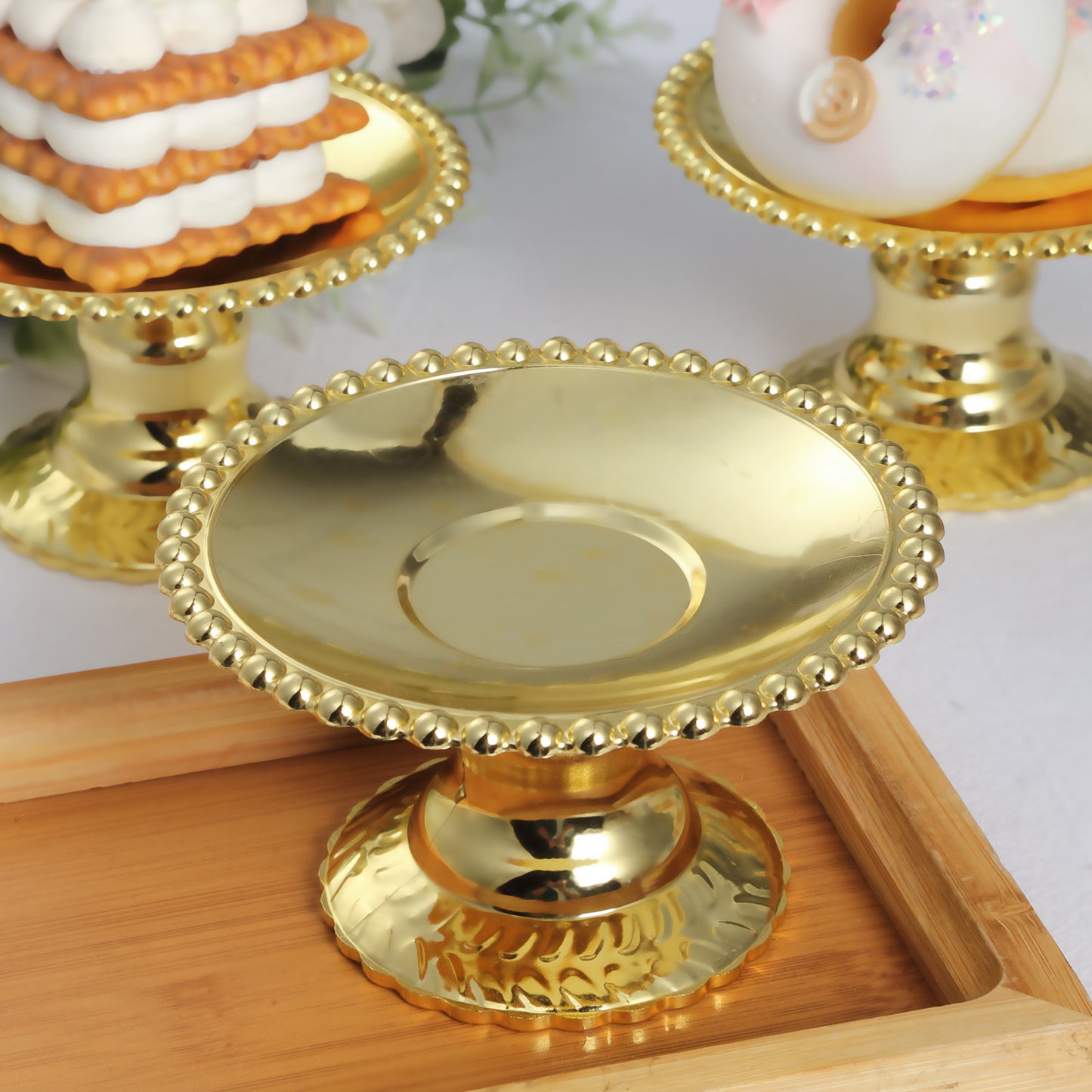 12 Pack | 5" Gold Mirror Finish Mini Plastic Pedestal Cake Stands With Beaded Rim, Disposable Round Cupcake Dessert Display Serving Plates