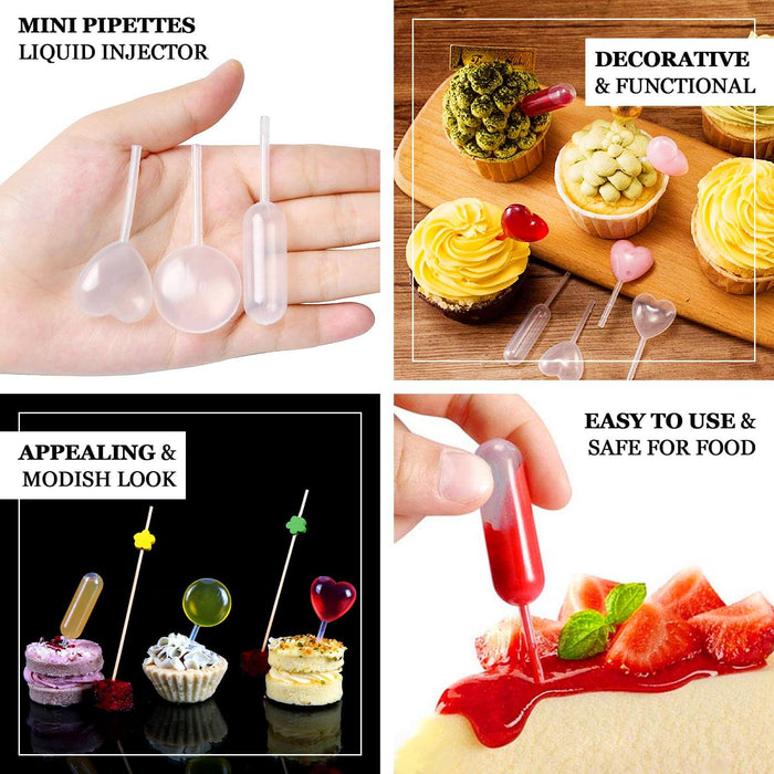 Clear plastic dessert topper pipettes for cupcakes and desserts.