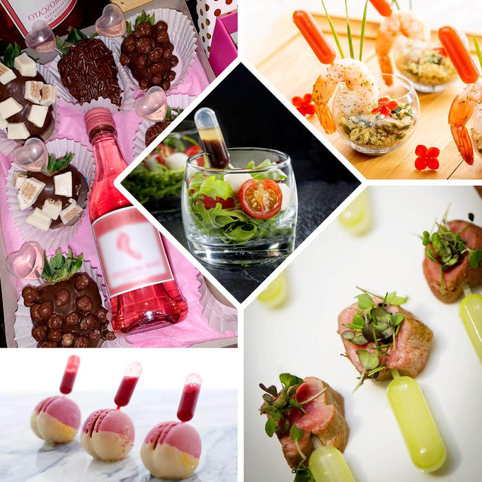 Set of 150 clear mini dessert topper pipette infusers in various shapes.