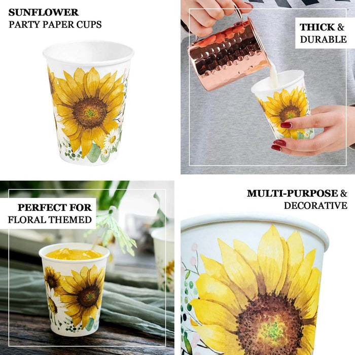 24 Pack | 10oz Sunflower Paper Cups, Disposable Party Cups, All Purpose Use