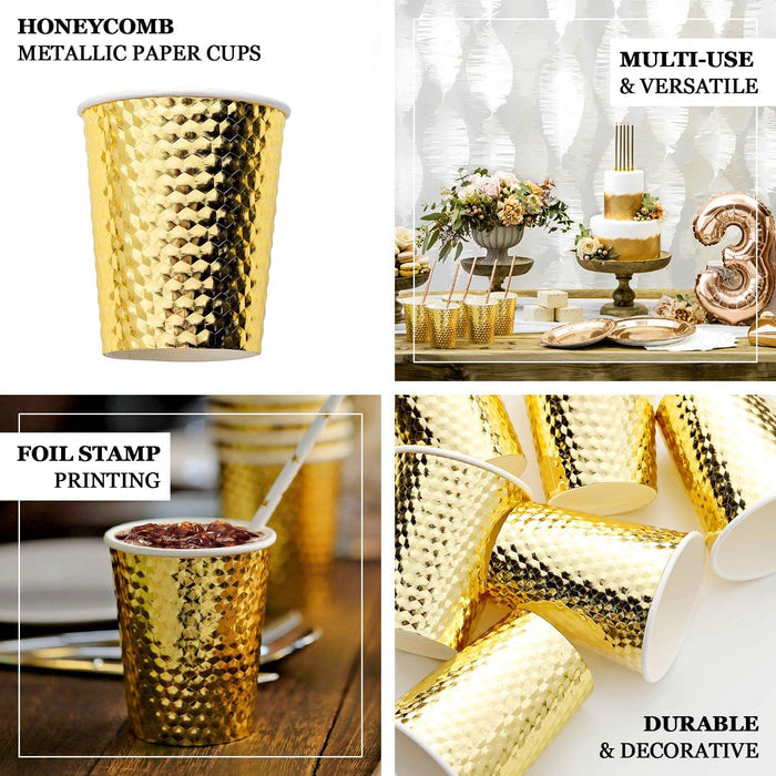 24 Pack | Gold Foil Honeycomb 10oz Paper Cups, Disposable Tableware