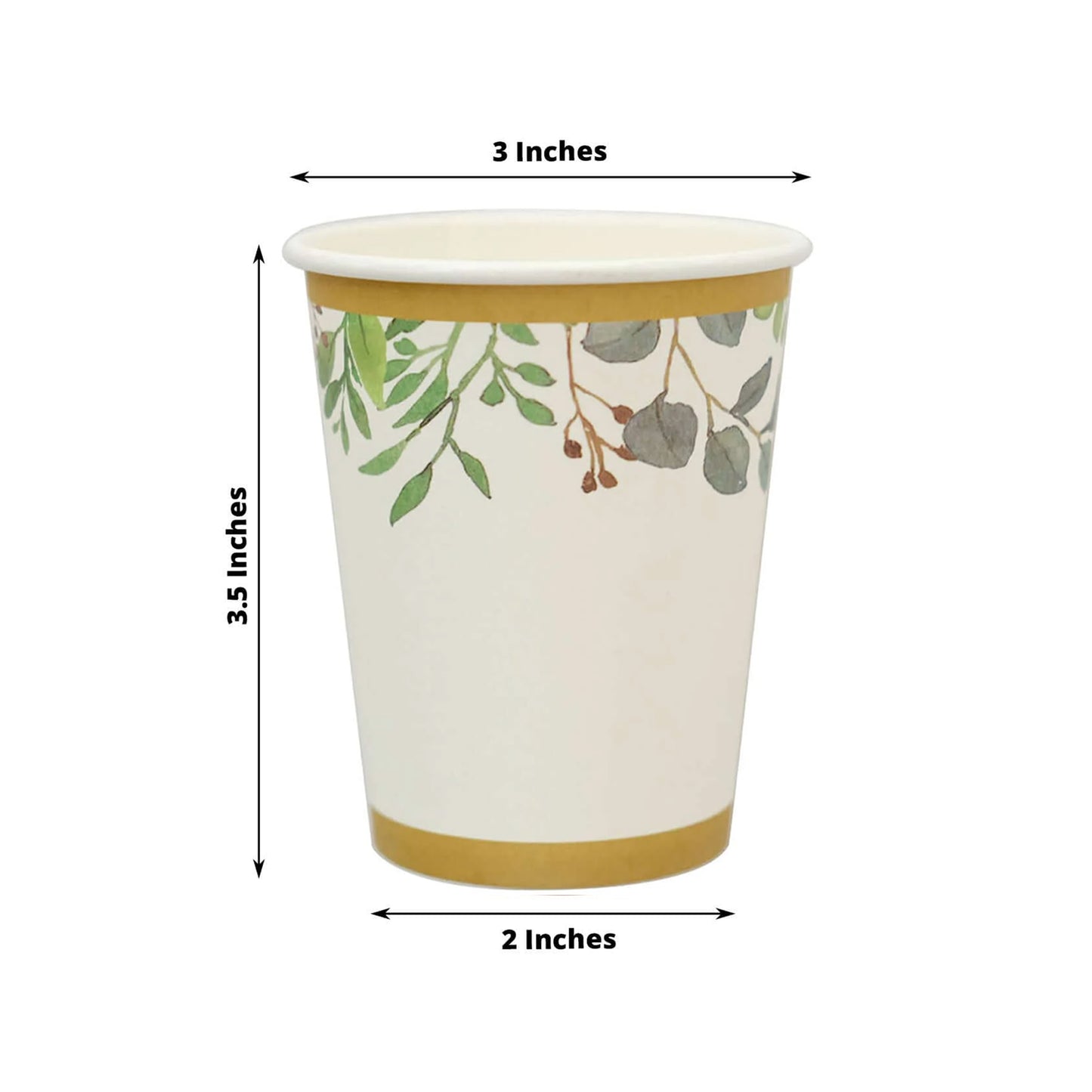 24 Pack | 9oz White Tropical Greenery Boho Party Disposable Cups, Eucalyptus Paper Cups With Gold Rim - 250 GSM