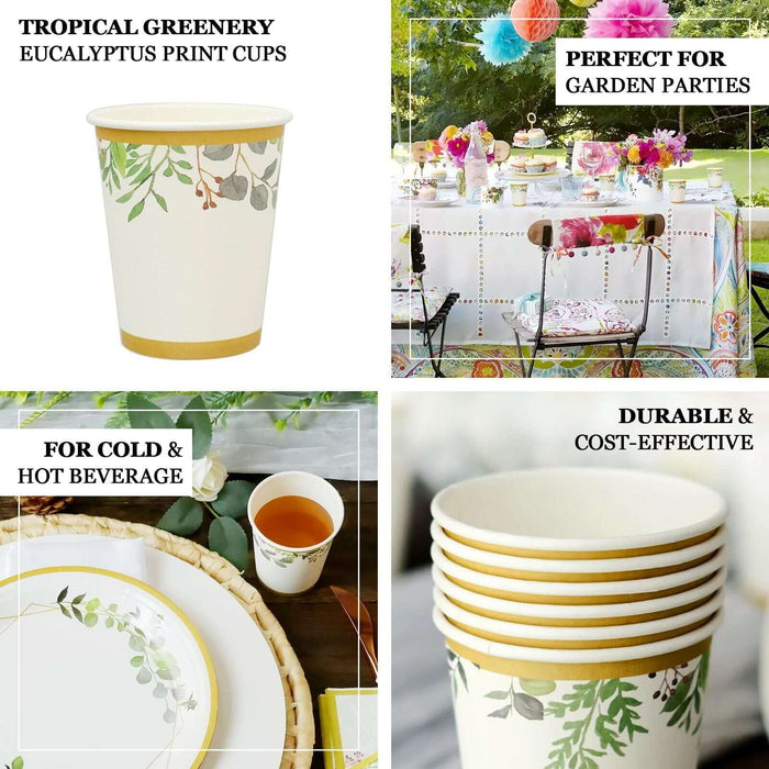 24 Pack | 9oz White Tropical Greenery Boho Party Disposable Cups, Eucalyptus Paper Cups With Gold Rim - 250 GSM