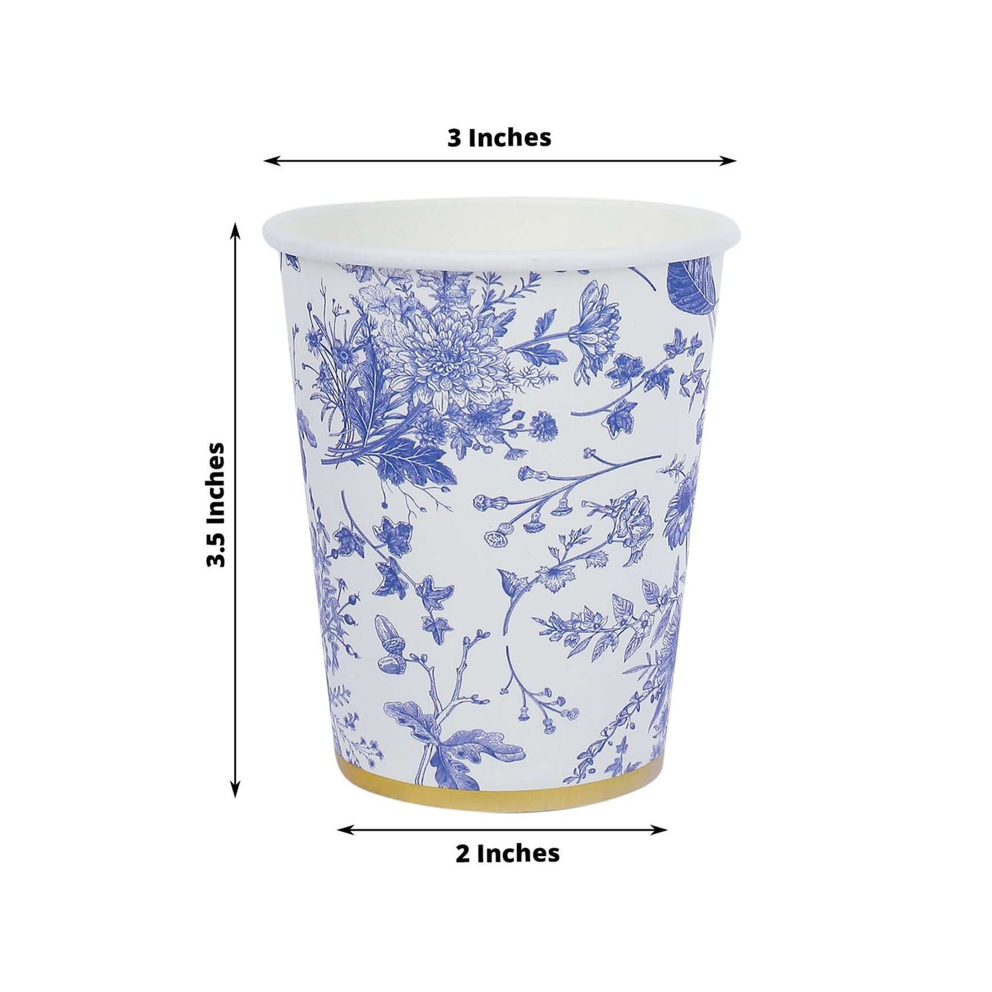 24 Pack White Light Blue French Toile Floral Party Cups with Gold Rim, Elegant Disposable Paper Cups - 9oz