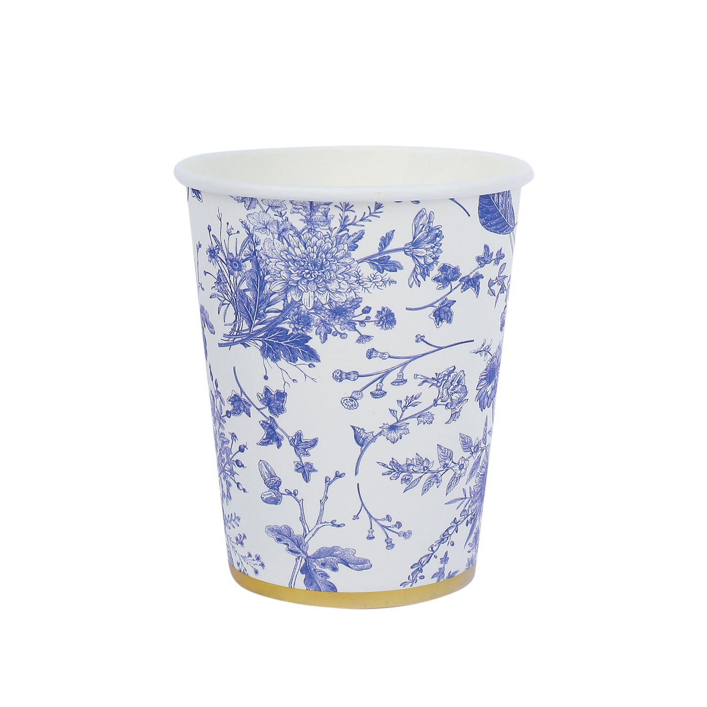 24 Pack White Light Blue French Toile Floral Party Cups with Gold Rim, Elegant Disposable Paper Cups - 9oz