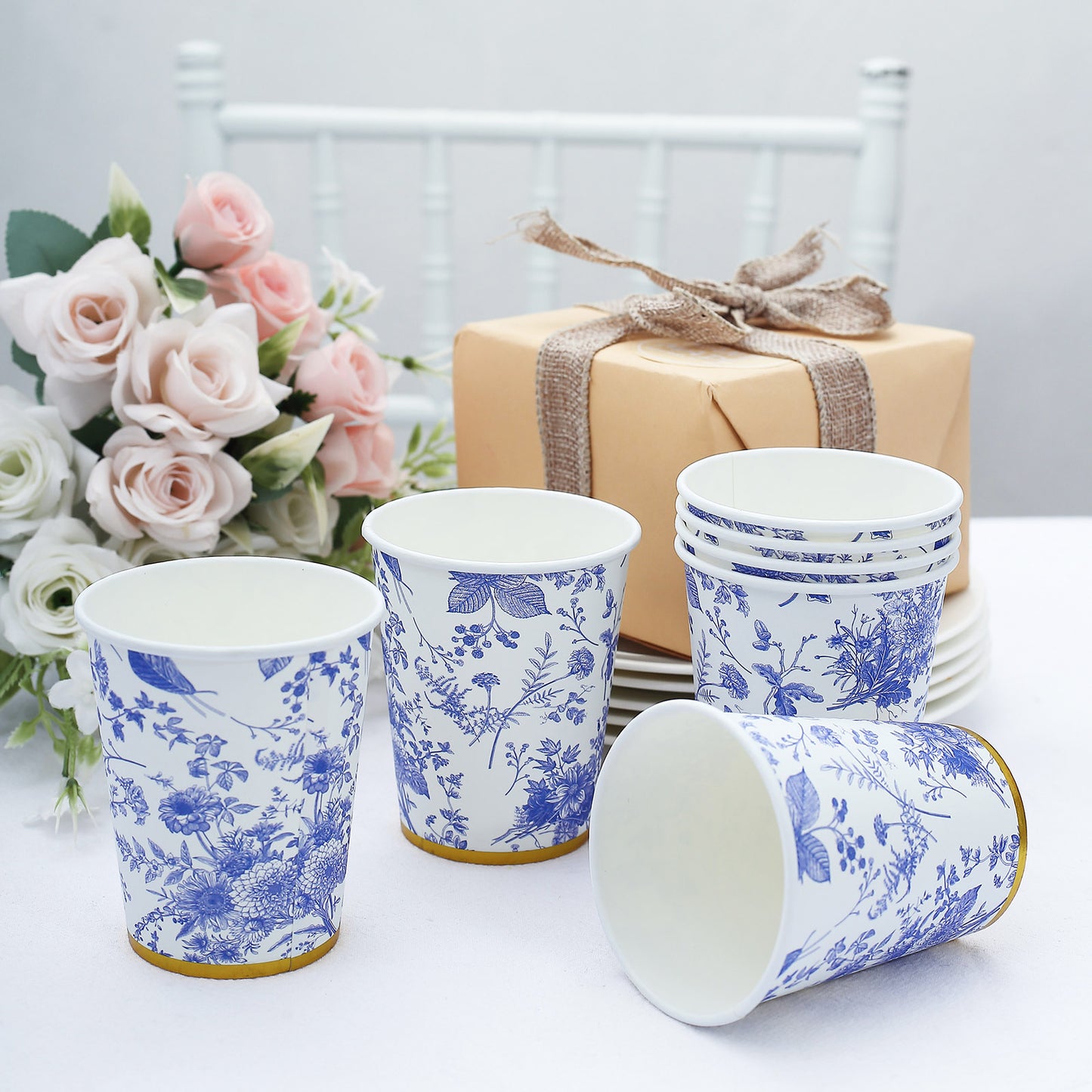 24 Pack White Light Blue French Toile Floral Party Cups with Gold Rim, Elegant Disposable Paper Cups - 9oz